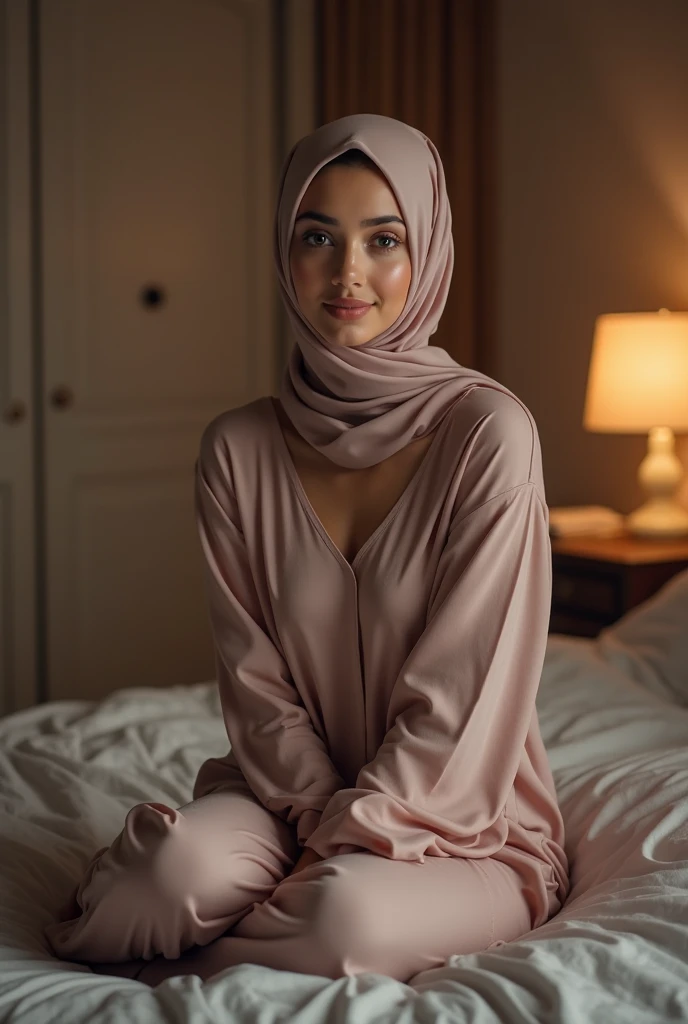 ((best quality)),pink hijab, leggings, long legs, sexy pose, pink high boots, g-string, feets to the camera, pointing feets to camera, domina pose, sitting on the bed
