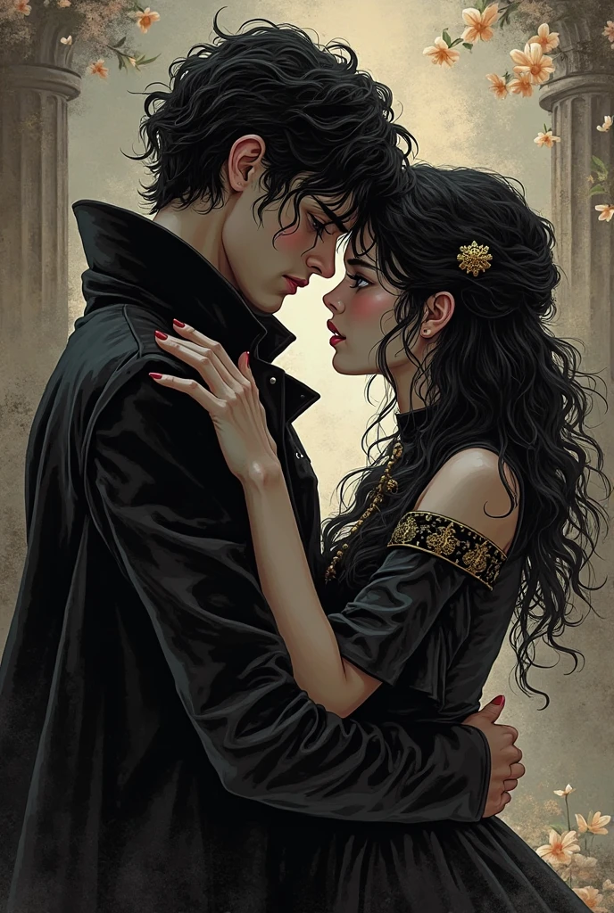 Casal de homem e mulher. He wears a black hood and cape, but you can see streaks of bluish-black hair whose outfit looks medieval. She has hair, the curls are voluminous and loose and are long. Por favor de fundo colocar fogo e o mar