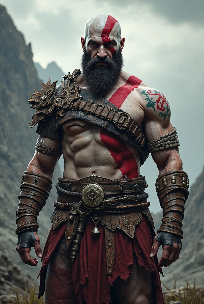 "kratos, main character of God of War, with their original swords, Blades of Chaos, generated with Unreal Engine 5.1, Rendered by Nvidia RTX GeForce 4090 and Processed by Intel Core i9-13900K. The armor is dark and worn, with leather and metal details. The swords are identical to the originals, with its distinctive design and serrated edge. La cara de kratos es igual a la oficial, with a serious and determined expression. The eyes are blue and penetrating. he is bald, with a completely shaved head. The lighting is dramatic, with deep shadows and intense lights. The background is blurry, with a landscape of mountains and cloudy sky. The image is hyperrealistic, with extremely precise details and realistic textures. The look is cinematic, with a focus on action and character intensity."