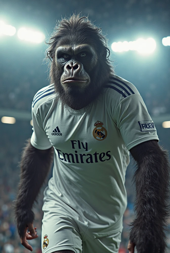Cristiano Ronaldo wearing the Real Madrid jersey next to a gorilla running