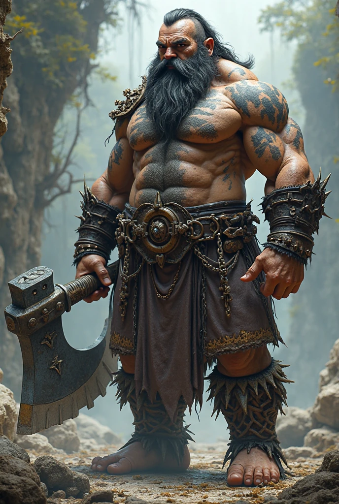 ((best quality)), ((masterpiece)), (detailed), goliath, huge ogre, white skin, gold tattoos in skin, massive gold axe in right hand, heavy leather armour, noble, powerful, intense, muscular