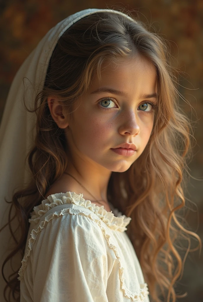 A small  with long brown hair and blue eyes, very pretty, sadly crying in an old dress., In a beautiful palace-like house