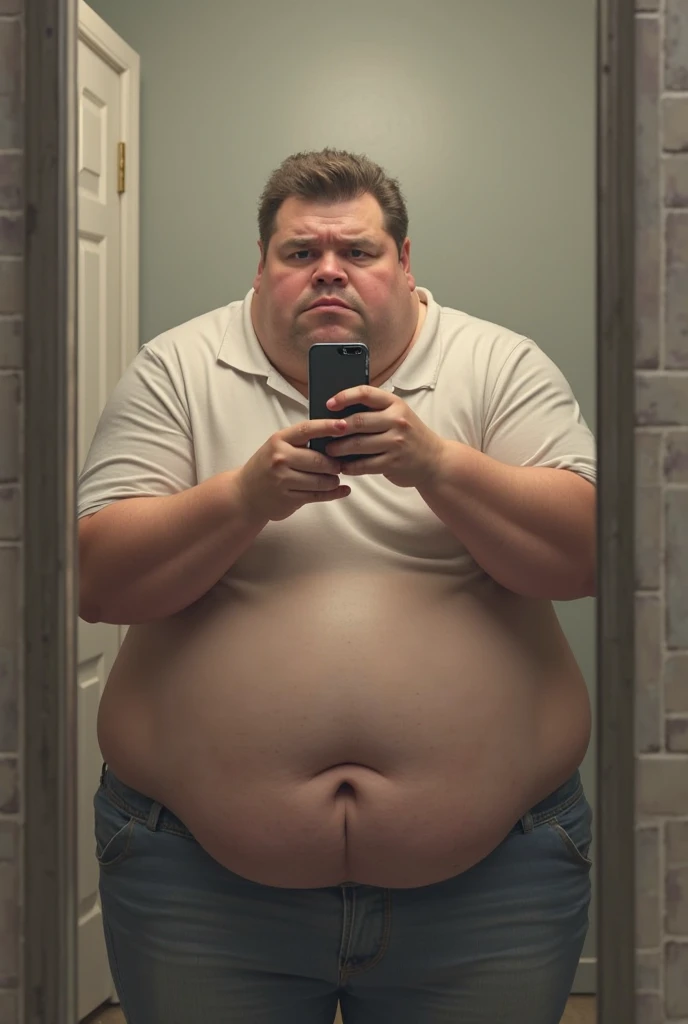 A young fat out of shape man looking into a mirror his reflection is his future self thats muscular and happy