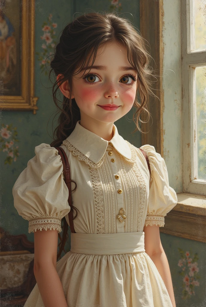 American very pretty teengirl from the 1860’s ,plump and fair with large eyes plenty of soft brown hair and sweet mouth ,dressed in a 1860’s modest dress