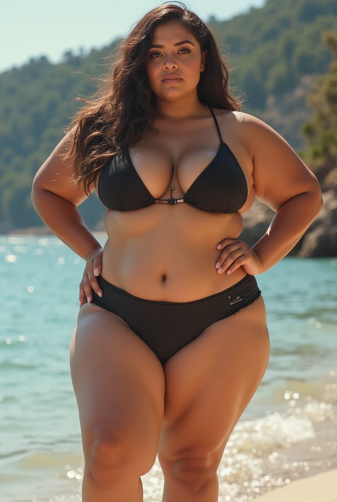 30 year old fat woman, de 90kg corriendo a la orilla de la playa frustrado, desesperado, a toda velocidad, imagen futurista