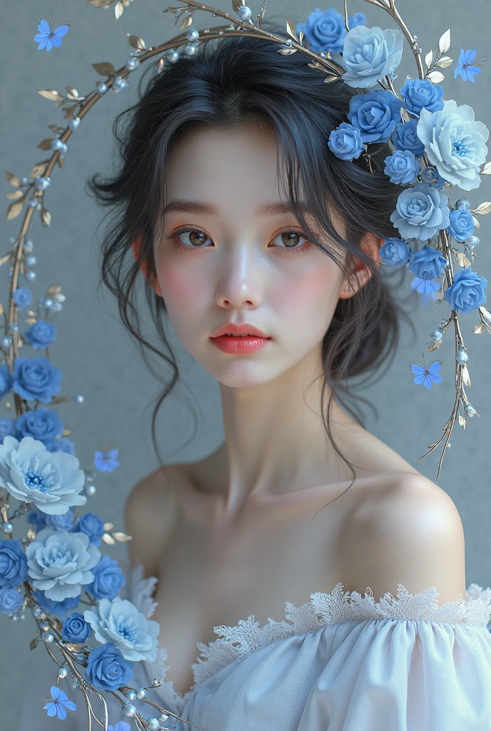 Feminine, high detail and quality, 8K Ultra HD, 3D, beautiful woman, plump, morning, nemophila, fashion magazine cover, seamless pattern, neutral pastel colors, mysterious off-white world, fabric art, art station, a large number of pastel-like detailed designs combining magic and fantasy, splashes, wallpaper design aesthetics, white tones, realistic, super realistic, full color and impressive.