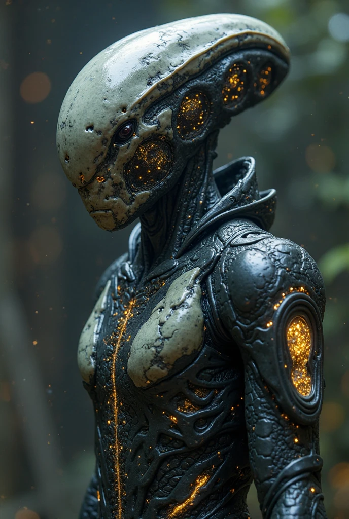 concept art, digital artwork, masterpiece, complex detailed, best quality, hdr, fashion alienzkin biomechanical alien, eye contact, cyber body, white and black colors, complex background, art by goro fujita, filtech, A closeup of a statue of a strong man, com barba, A marble sculpture of Zeus, classical realism, macho, wise, postura de poder, marble carving, 8k, cinemactic