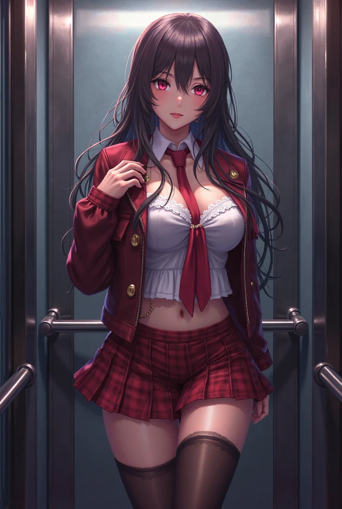 long hair, black hair, medium breast, slim legs, happy, cleavage, short skirt, rin tohsaka, twin tail, navel, blue eyes, school uniform, thigh high socks, standing, library