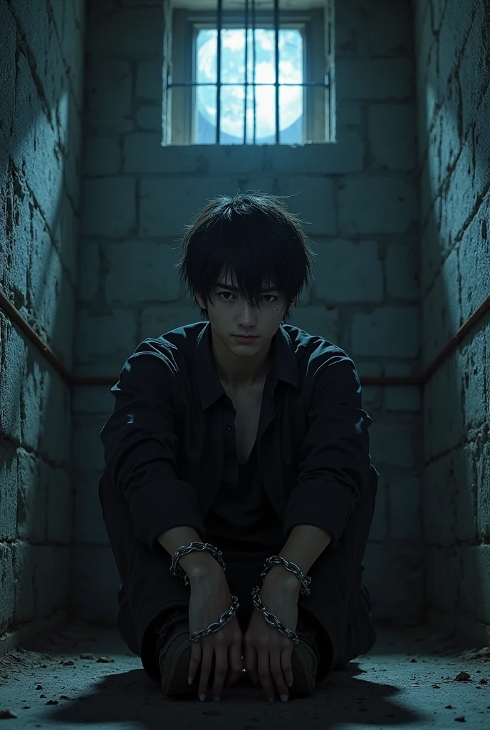 a young american male teenager with black hair and bangs wearing black clothes in captivity, chained with chains on each arm attached to the wall, hands acorrentado and whole body restrained, It seems difficult, implacable, black fantasy, realisitic, digitl art, trends on ArtStation, sharp focus, studio photo, details Intricate, very detailled, Depth of field, Unreal machine, perfect composition, 8k
