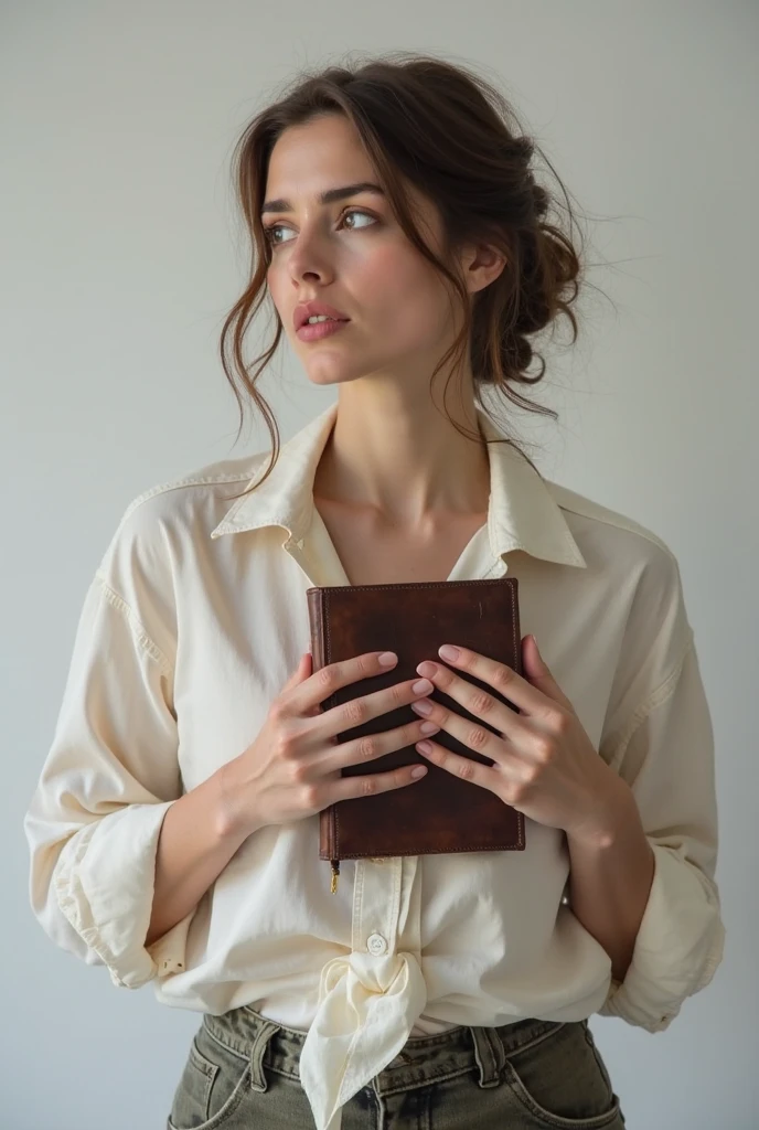 Secretary woman, melhor qualidade, ultra hd 8k, olhos bem detalhados, cabelos bem detalhados, Baton vermelho, brincos, colar, anel, unhas pintadas na cor vermelha, mesa, lindas mulheres maduras、rosto bonito、Mulher de mente forte, dark blue social shirt, cabelos castanhos、(Olhos castanhos)、hair tied up in bun、Olhos subdimensionados、Corpo inteiro como, social skirt 12cm, beige small skirt, skirt with a little slit 4cm, sorriso aparente, sem meia, sapato preto, Square glasses, show up a little bit white lace panties, stand up, back to viewer, place ( office, table, shelf books, plants, window, drop water on window, lampshade),hands taking a book from the shelf