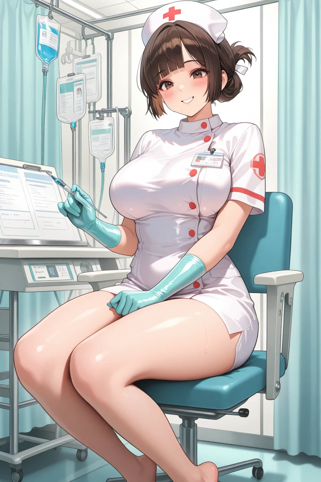 nurse uniform,hospital, latex nurse suit,nurses,busty,elbow gloves,labcoat,pinkhair woman,azure eyes , gigantic boobs ,medical instruments,asian nurse,two nurses,speculum,examination room,oversize boobs, ,big ass ,strap on, lay on table ,legs spreaded,giving birth,gyno chair , dentist,Milf,