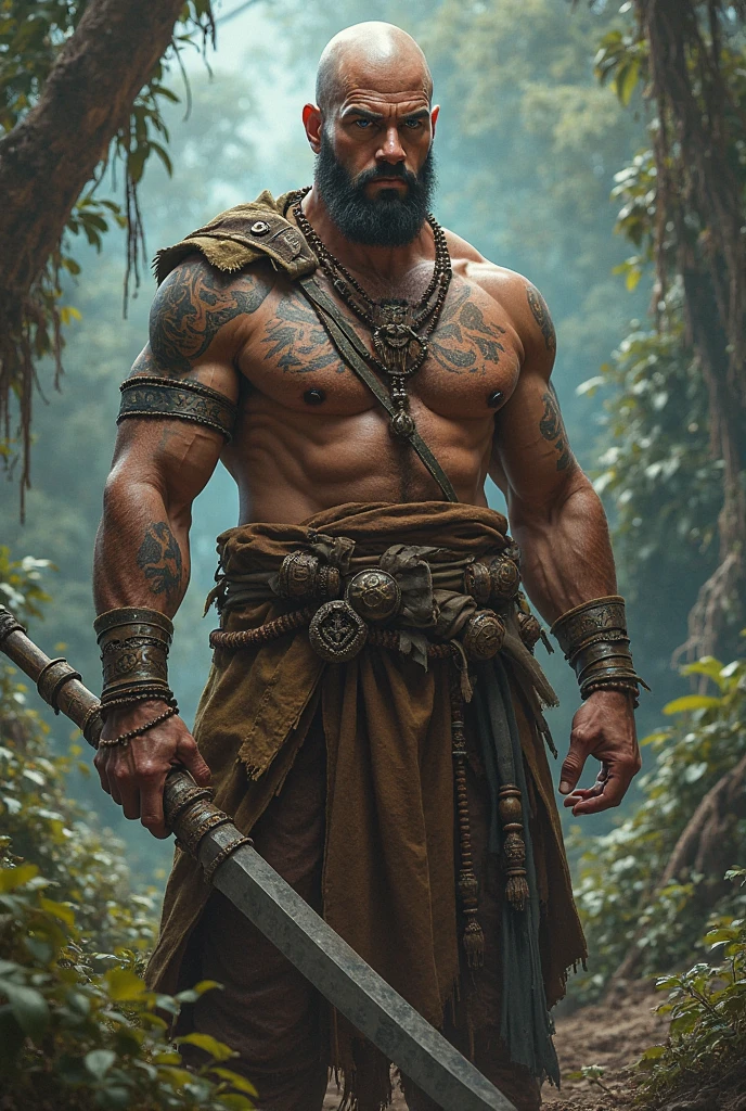 A PNG man wearing a army green jean holding a stone axe, standing in the middle of the tropical rainforest has a tattoo on his chest name LAPUN, has a smoldering looks, has a PNG hair, has a PNG skin colour in eastern highlands province