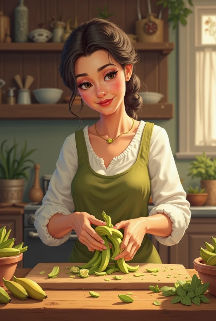 Hope, green eyes, black streaked hair, long twintails, earrings, necklace, green dress, wide hips, looking at viewer, smiling, happy, standing, inside kitchen, holding plate of food, fruit, peach, jungle, high quality, masterpiece, <lora:Hope:.7>