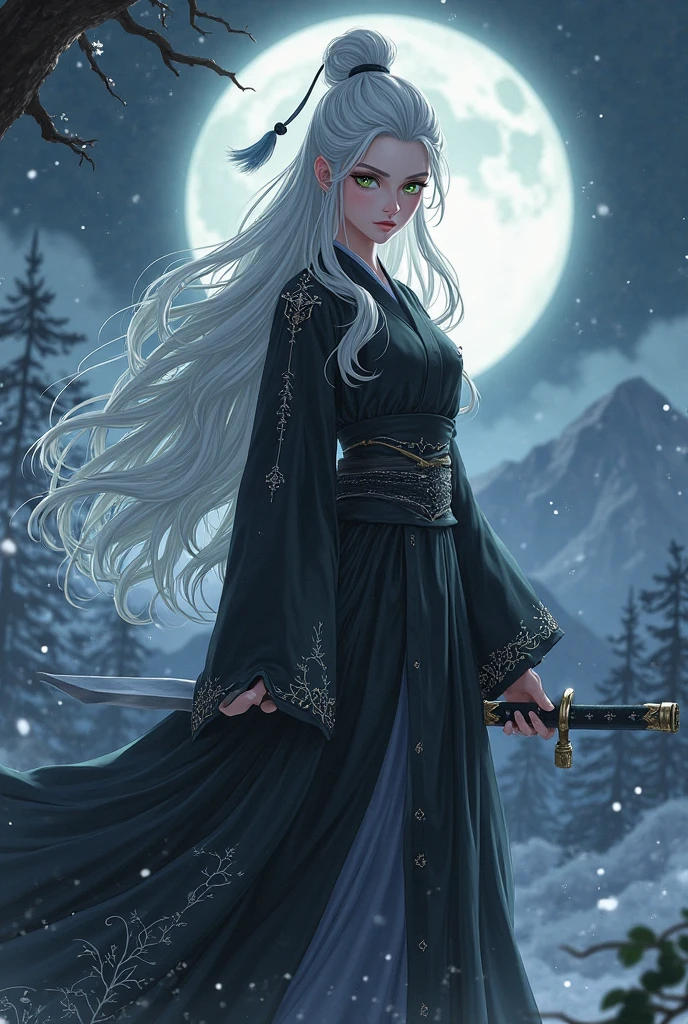 (((ice woman with bow and arrow))) best quality, very high resolution, detailed CG in 4K, masterpiece, Norse mythology, Skadi woman, Jotunn, trees in the background, Scandinavia, standing pose, Norse clothing, northern city, snow, ((bow and arrow)), aesthetics, beautiful image, centered on the screen, standing pose