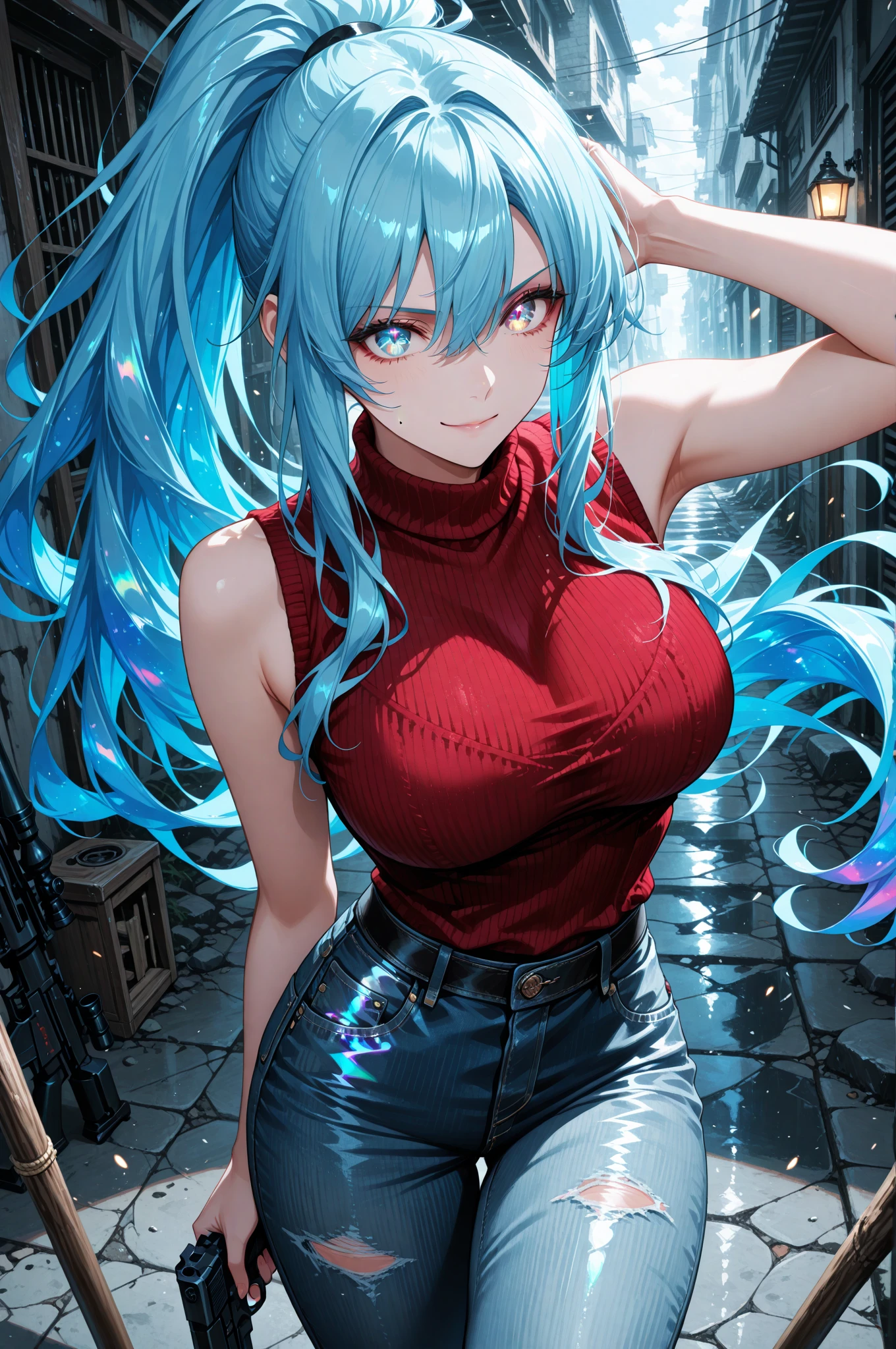  score_9, score_8_up, score_7_up, BREAK from front, ,macro shot,1girl,bulma, blue eyes, blue hair,bare shoulders, belt, cleavage, hair bobbles, hair ornament, hair over shoulder, ,large breasts,midriff, navel, one side up, red tube top, shorts, side ponytail, (strapless, tube top,under_boob:1.2),(arms up,arms uo behind,contrapost,standing),UHD,HDR
