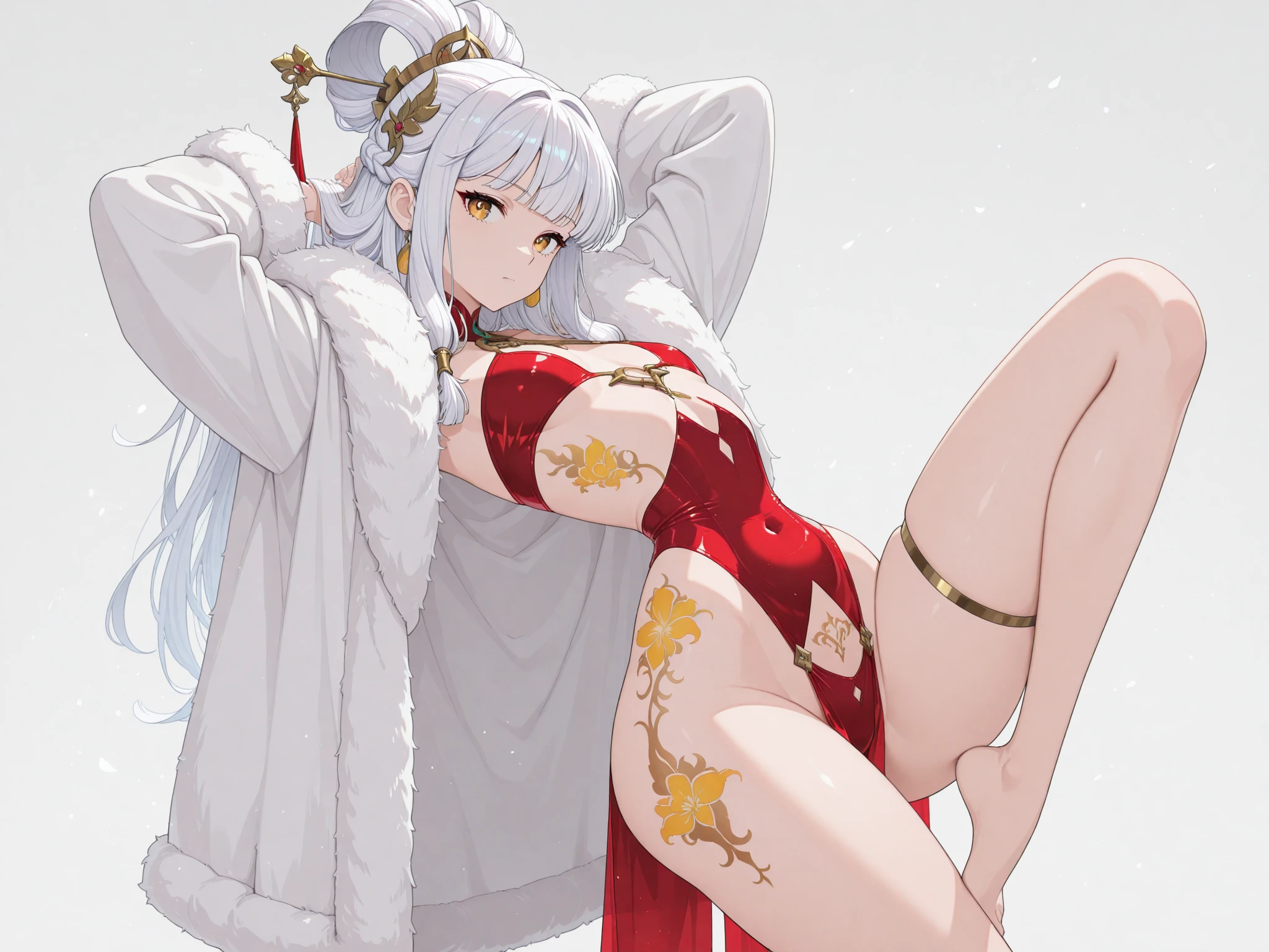 female nine-tailed fox maiden, perfect body shape, masterpieces, chill mature aura, croatch tattoo, wet body detailed, lying on the ground, shiny red pupil, sakura falling, moonlight japanese building background, red rope accessorize, fur white scarf, bell, medium size breast, tail detail, light make up, 16k, main color is snow white, secondory color is bright red, talisma, solo, correction check, alcohol bottle