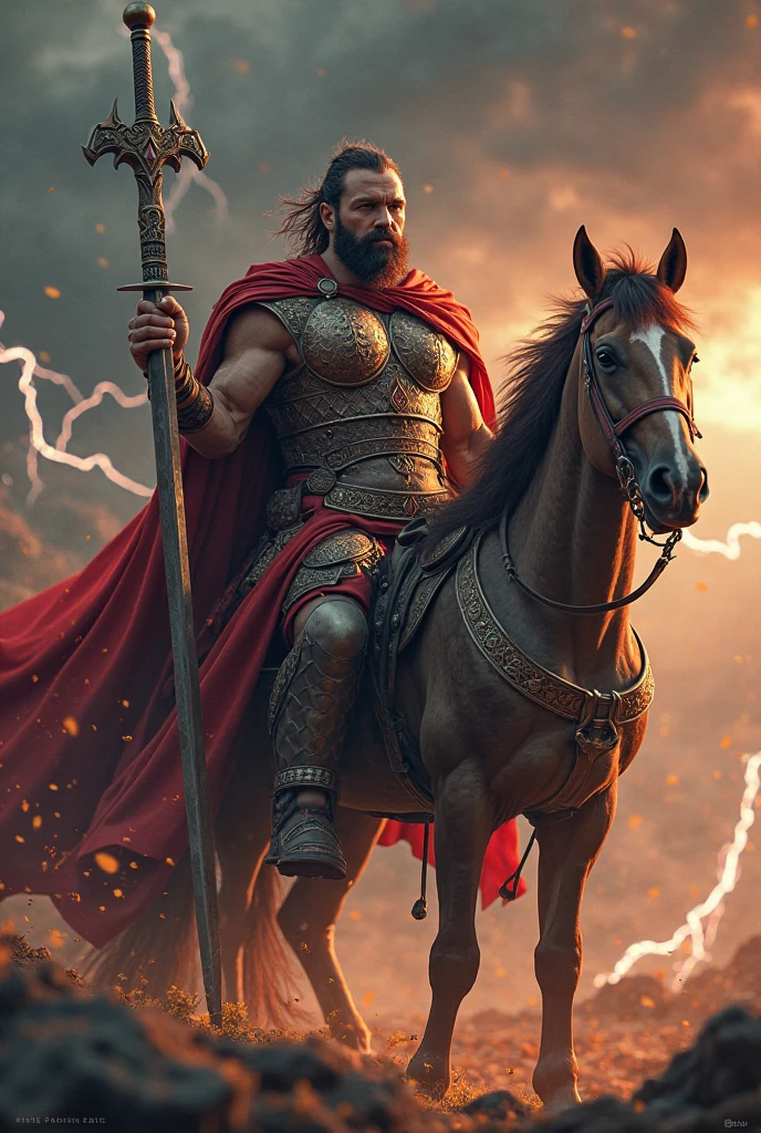 Muscular African man with golden crown and red king cape with double axe in hand riding a white horse full body