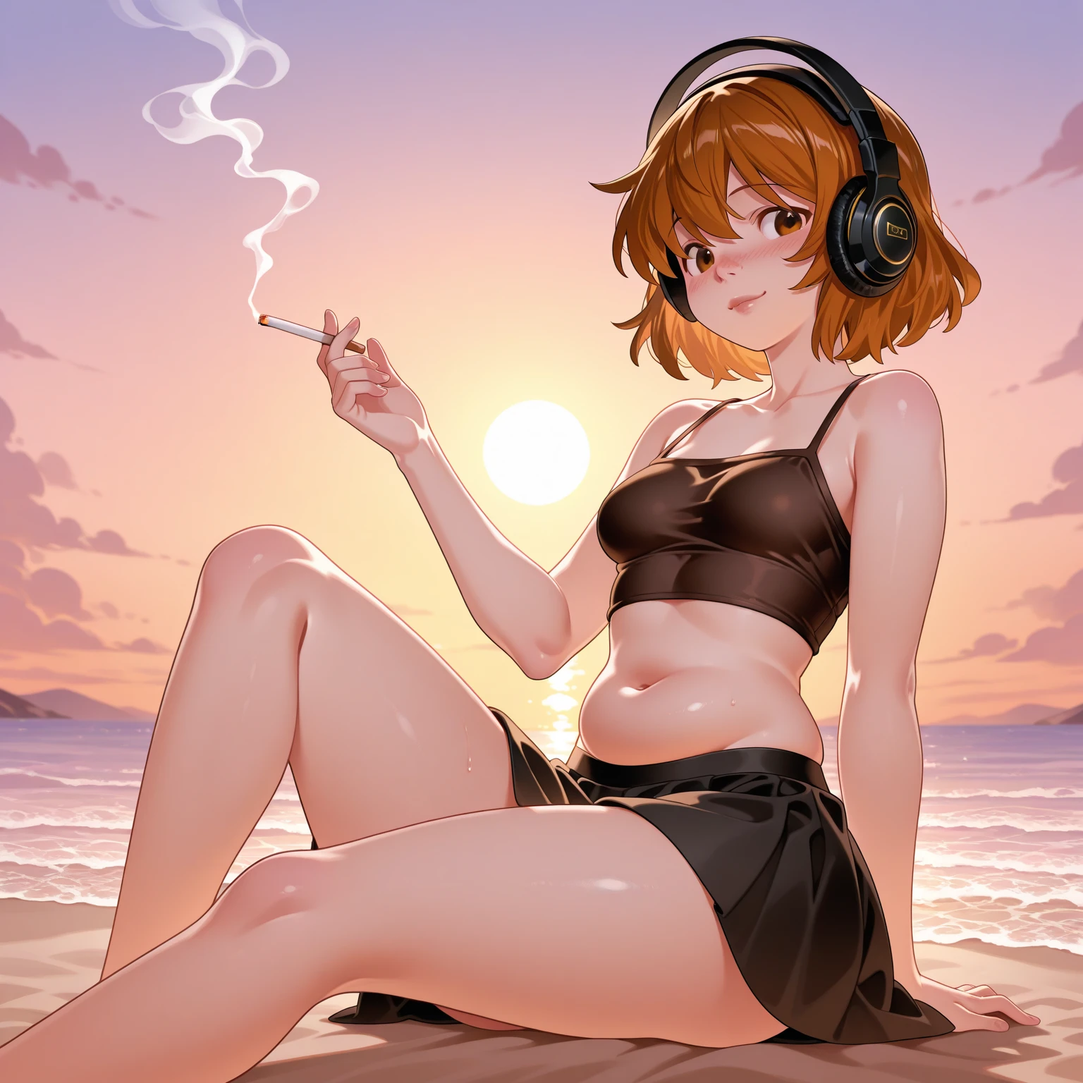 8k realistic image of a beatiful 17 years old Korean girl on the beach, dressed in an elegant bikini with good body, while enjoying her favorite music through modern headphones. Despite the unconventional combination of her outfit, her confidence and innate style make her look perfectly comfortable in this setting. With a book in her hands, displaying a serene concentration and an expression of pleasure. The sun shines down on her, highlighting her natural beauty and creating a halo of light that envelops her with an air of mystery and charm.