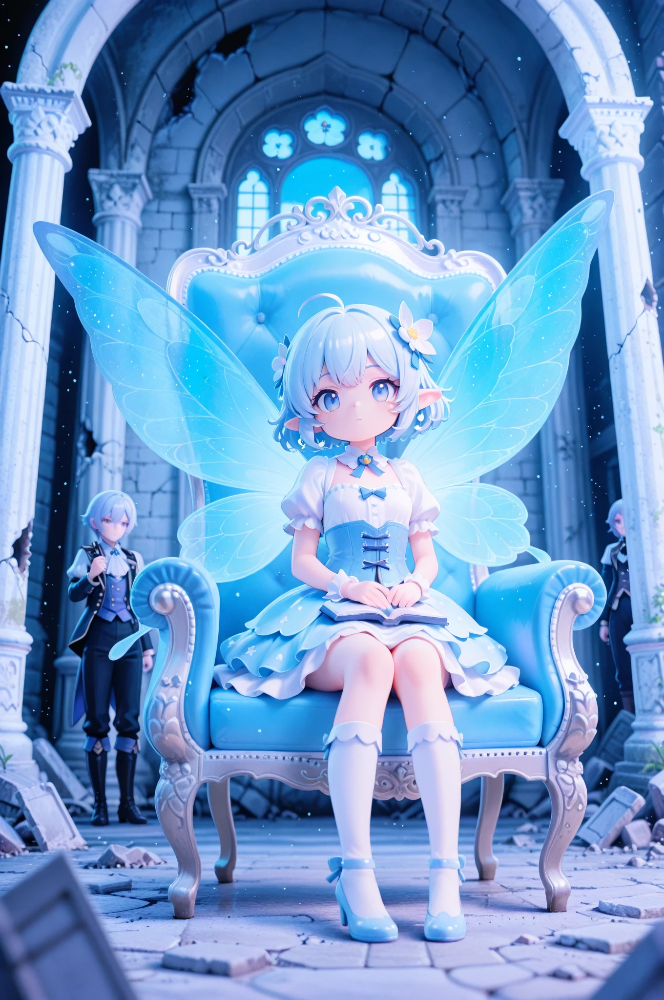 score_9, score_8_up, score_7_up, masterpiece, best quality, perfect facial features, highest resolution, 8k, amazing quality, detailed eyes, clear eyes, dynamic composition, dynamic pose, face clearly visible, Close-up of face, low angle, turn your side, view from the side, turn only your face, face close, 1girl, two people, 1chibi girl, repochi, light blue hair, short hair, fairy wings, fairy, fairy girl, (fairy girl), repochi's clothes, fairy clothes, fairy dress, aristocrat of the apocalypse, apocalypse, aristocrat, aristocrat's clothes, classic dress, medieval dress, corset, medieval hairstyle with hair in tangles, depressed face, expressionless, girl sitting in a tattered luxury chair, tattered classic dress, dilapidated aristocrat's mansion, dilapidated classical architecture, abandoned classical architecture, ruins, broken classical architecture, dim, negative atmosphere, (((clear contrast between light and dark, cool color image)))