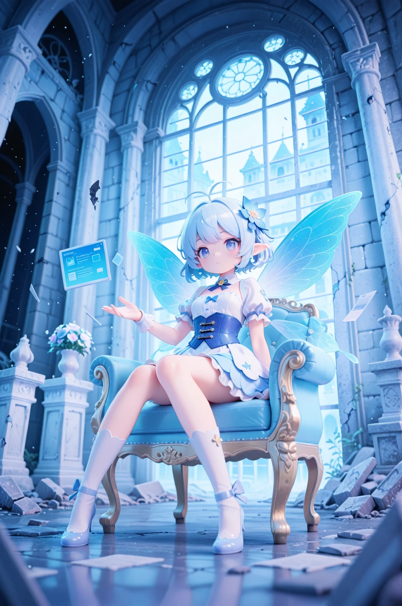 score_9, score_8_up, score_7_up, masterpiece, best quality, perfect facial features, highest resolution, 8k, amazing quality, detailed eyes, clear eyes, dynamic composition, dynamic pose, face clearly visible, Close-up of face, low angle, turn your side, view from the side, turn only your face, face close, 1girl, two people, 1chibi girl, repochi, light blue hair, short hair, fairy wings, fairy, fairy girl, (fairy girl), repochi's clothes, fairy clothes, fairy dress, aristocrat of the apocalypse, apocalypse, aristocrat, aristocrat's clothes, classic dress, medieval dress, corset, medieval hairstyle with hair in tangles, depressed face, expressionless, girl sitting in a tattered luxury chair, tattered classic dress, dilapidated aristocrat's mansion, dilapidated classical architecture, abandoned classical architecture, ruins, broken classical architecture, dim, negative atmosphere, (((clear contrast between light and dark, cool color image)))