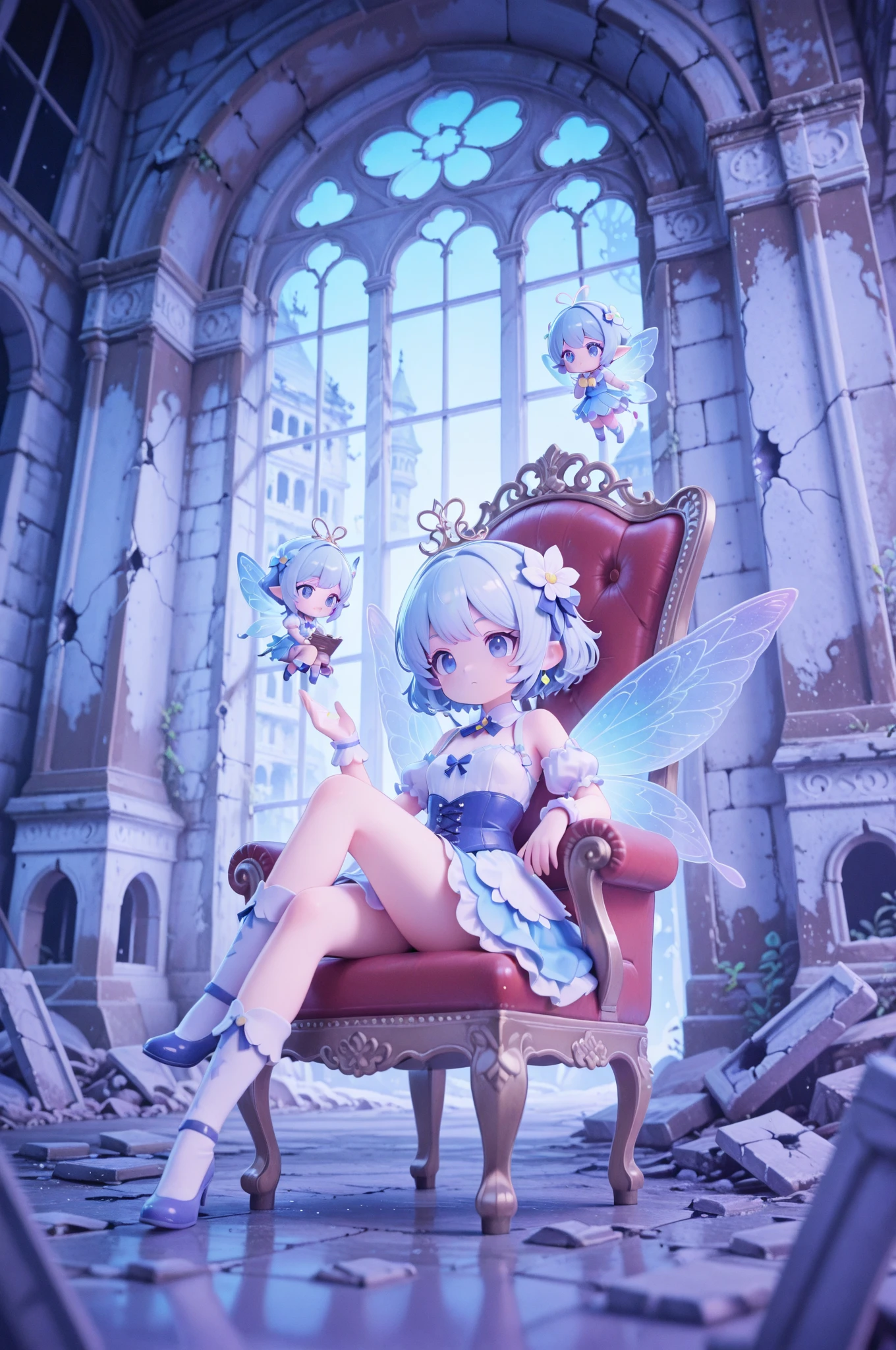 score_9, score_8_up, score_7_up, masterpiece, best quality, perfect facial features, highest resolution, 8k, amazing quality, detailed eyes, clear eyes, dynamic composition, dynamic pose, face clearly visible, Close-up of face, low angle, turn your side, view from the side, turn only your face, face close, 1girl, two people, 1chibi girl, repochi, light blue hair, short hair, fairy wings, fairy, fairy girl, (fairy girl), repochi's clothes, fairy clothes, fairy dress, aristocrat of the apocalypse, apocalypse, aristocrat, aristocrat's clothes, classic dress, medieval dress, corset, medieval hairstyle with hair in tangles, depressed face, expressionless, girl sitting in a tattered luxury chair, tattered classic dress, dilapidated aristocrat's mansion, dilapidated classical architecture, abandoned classical architecture, ruins, broken classical architecture, dim, negative atmosphere, (((clear contrast between light and dark, cool color image)))