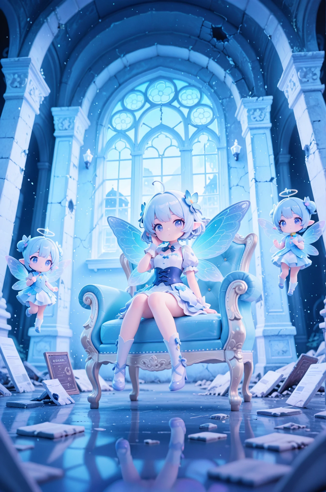 score_9, score_8_up, score_7_up, masterpiece, best quality, perfect facial features, highest resolution, 8k, amazing quality, detailed eyes, clear eyes, dynamic composition, dynamic pose, face clearly visible, Close-up of face, low angle, turn your side, view from the side, turn only your face, face close, 1girl, two people, 1chibi girl, repochi, light blue hair, short hair, fairy wings, fairy, fairy girl, (fairy girl), repochi's clothes, fairy clothes, fairy dress, aristocrat of the apocalypse, apocalypse, aristocrat, aristocrat's clothes, classic dress, medieval dress, corset, medieval hairstyle with hair in tangles, depressed face, expressionless, girl sitting in a tattered luxury chair, tattered classic dress, dilapidated aristocrat's mansion, dilapidated classical architecture, abandoned classical architecture, ruins, broken classical architecture, dim, negative atmosphere, (((clear contrast between light and dark, cool color image)))