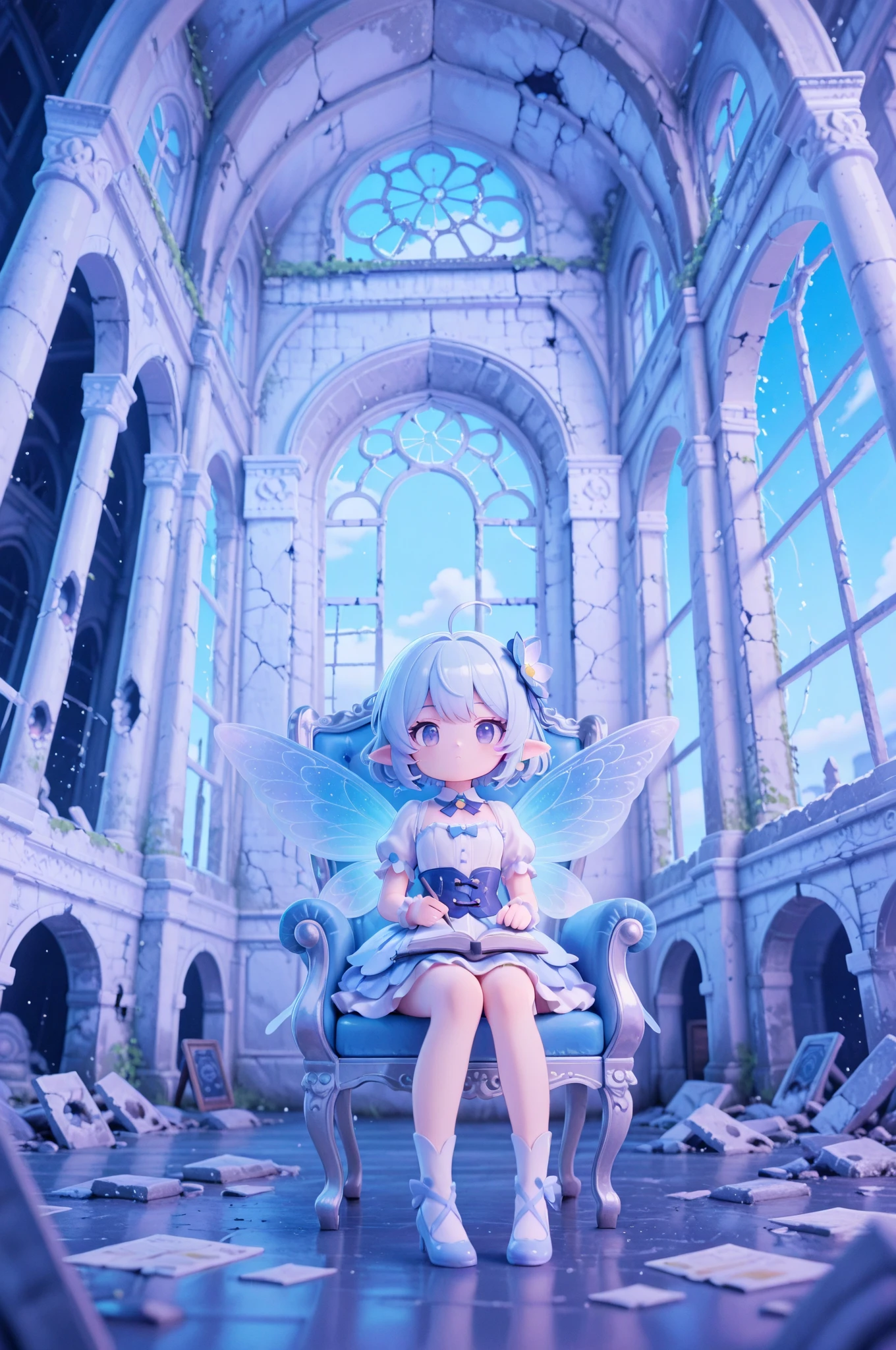 score_9, score_8_up, score_7_up, masterpiece, best quality, perfect facial features, highest resolution, 8k, amazing quality, detailed eyes, clear eyes, dynamic composition, dynamic pose, face clearly visible, Close-up of face, low angle, turn your side, view from the side, turn only your face, face close, 1girl, two people, 1chibi girl, repochi, light blue hair, short hair, fairy wings, fairy, fairy girl, (fairy girl), repochi's clothes, fairy clothes, fairy dress, aristocrat of the apocalypse, apocalypse, aristocrat, aristocrat's clothes, classic dress, medieval dress, corset, medieval hairstyle with hair in tangles, depressed face, expressionless, girl sitting in a tattered luxury chair, tattered classic dress, dilapidated aristocrat's mansion, dilapidated classical architecture, abandoned classical architecture, ruins, broken classical architecture, dim, negative atmosphere, (((clear contrast between light and dark, cool color image)))