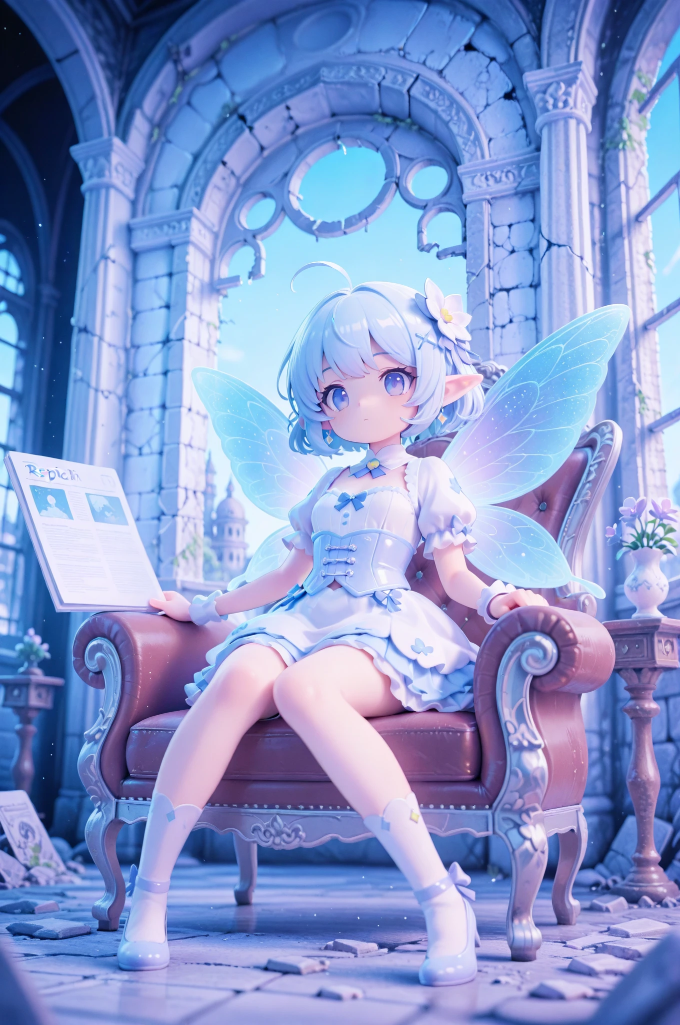 score_9, score_8_up, score_7_up, masterpiece, best quality, perfect facial features, highest resolution, 8k, amazing quality, detailed eyes, clear eyes, dynamic composition, dynamic pose, face clearly visible, Close-up of face, low angle, turn your side, view from the side, turn only your face, face close, 1girl, two people, 1chibi girl, repochi, light blue hair, short hair, fairy wings, fairy, fairy girl, (fairy girl), repochi's clothes, fairy clothes, fairy dress, aristocrat of the apocalypse, apocalypse, aristocrat, aristocrat's clothes, classic dress, medieval dress, corset, medieval hairstyle with hair in tangles, depressed face, expressionless, girl sitting in a tattered luxury chair, tattered classic dress, dilapidated aristocrat's mansion, dilapidated classical architecture, abandoned classical architecture, ruins, broken classical architecture, dim, negative atmosphere, (((clear contrast between light and dark, cool color image)))