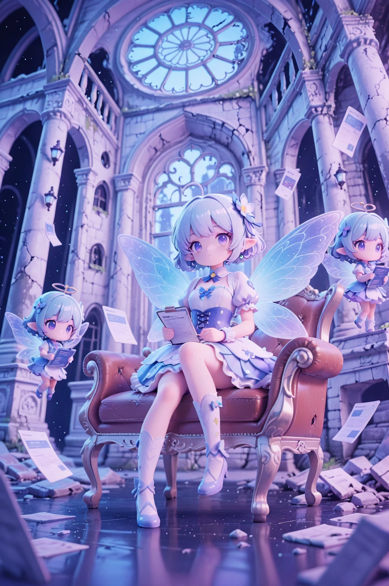 score_9, score_8_up, score_7_up, masterpiece, best quality, perfect facial features, highest resolution, 8k, amazing quality, detailed eyes, clear eyes, dynamic composition, dynamic pose, face clearly visible, Close-up of face, low angle, turn your side, view from the side, turn only your face, face close, 1girl, two people, 1chibi girl, repochi, light blue hair, short hair, fairy wings, fairy, fairy girl, (fairy girl), repochi's clothes, fairy clothes, fairy dress, aristocrat of the apocalypse, apocalypse, aristocrat, aristocrat's clothes, classic dress, medieval dress, corset, medieval hairstyle with hair in tangles, depressed face, expressionless, girl sitting in a tattered luxury chair, tattered classic dress, dilapidated aristocrat's mansion, dilapidated classical architecture, abandoned classical architecture, ruins, broken classical architecture, dim, negative atmosphere, (((clear contrast between light and dark, cool color image)))