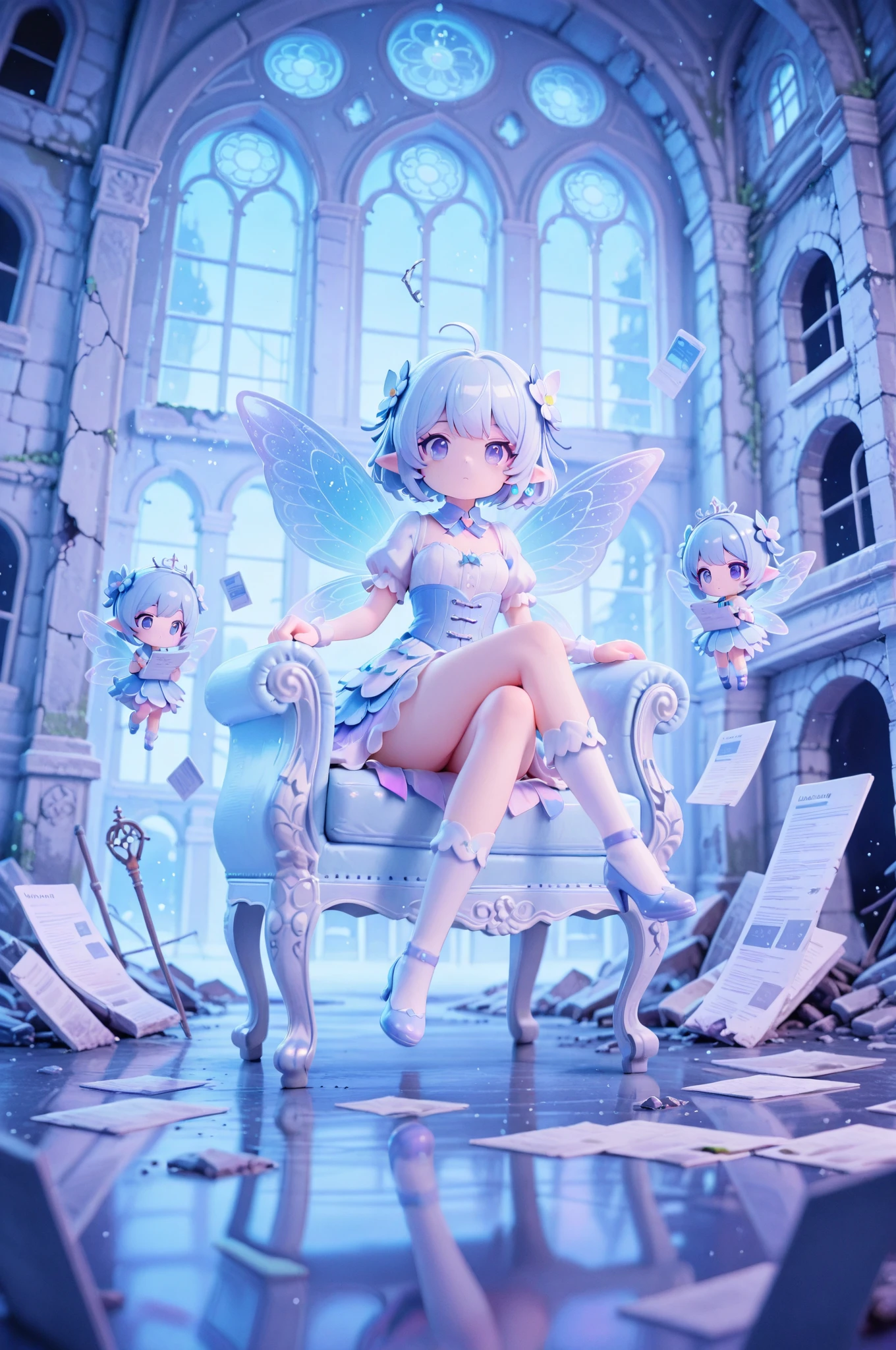 score_9, score_8_up, score_7_up, masterpiece, best quality, perfect facial features, highest resolution, 8k, amazing quality, detailed eyes, clear eyes, dynamic composition, dynamic pose, face clearly visible, Close-up of face, low angle, turn your side, view from the side, turn only your face, face close, 1girl, two people, 1chibi girl, repochi, light blue hair, short hair, fairy wings, fairy, fairy girl, (fairy girl), repochi's clothes, fairy clothes, fairy dress, aristocrat of the apocalypse, apocalypse, aristocrat, aristocrat's clothes, classic dress, medieval dress, corset, medieval hairstyle with hair in tangles, depressed face, expressionless, girl sitting in a tattered luxury chair, tattered classic dress, dilapidated aristocrat's mansion, dilapidated classical architecture, abandoned classical architecture, ruins, broken classical architecture, dim, negative atmosphere, (((clear contrast between light and dark, cool color image)))