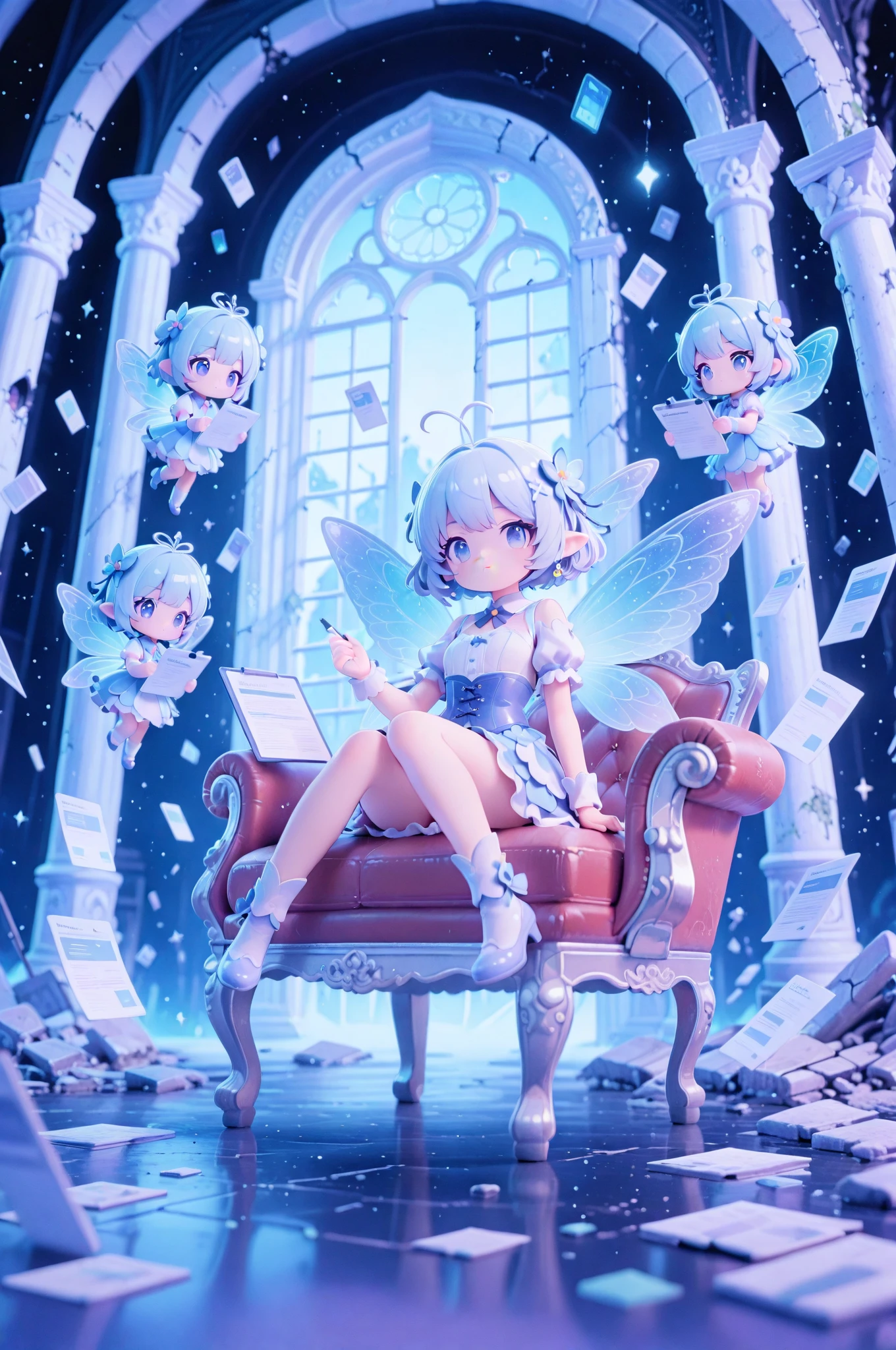 score_9, score_8_up, score_7_up, masterpiece, best quality, perfect facial features, highest resolution, 8k, amazing quality, detailed eyes, clear eyes, dynamic composition, dynamic pose, face clearly visible, Close-up of face, low angle, turn your side, view from the side, turn only your face, face close, 1girl, two people, 1chibi girl, repochi, light blue hair, short hair, fairy wings, fairy, fairy girl, (fairy girl), repochi's clothes, fairy clothes, fairy dress, aristocrat of the apocalypse, apocalypse, aristocrat, aristocrat's clothes, classic dress, medieval dress, corset, medieval hairstyle with hair in tangles, depressed face, expressionless, girl sitting in a tattered luxury chair, tattered classic dress, dilapidated aristocrat's mansion, dilapidated classical architecture, abandoned classical architecture, ruins, broken classical architecture, dim, negative atmosphere, (((clear contrast between light and dark, cool color image)))