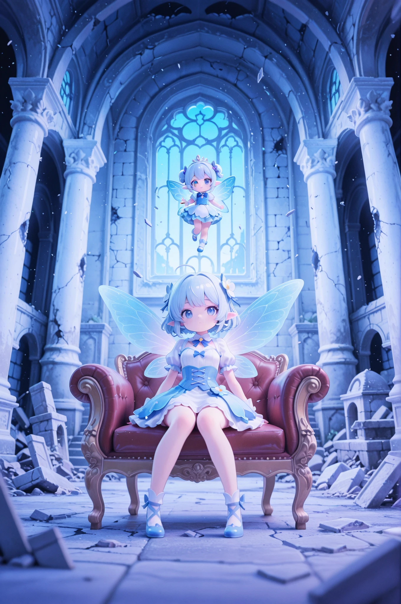 score_9, score_8_up, score_7_up, masterpiece, best quality, perfect facial features, highest resolution, 8k, amazing quality, detailed eyes, clear eyes, dynamic composition, dynamic pose, face clearly visible, Close-up of face, low angle, turn your side, view from the side, turn only your face, face close, 1girl, two people, 1chibi girl, repochi, light blue hair, short hair, fairy wings, fairy, fairy girl, (fairy girl), repochi's clothes, fairy clothes, fairy dress, aristocrat of the apocalypse, apocalypse, aristocrat, aristocrat's clothes, classic dress, medieval dress, corset, medieval hairstyle with hair in tangles, depressed face, expressionless, girl sitting in a tattered luxury chair, tattered classic dress, dilapidated aristocrat's mansion, dilapidated classical architecture, abandoned classical architecture, ruins, broken classical architecture, dim, negative atmosphere, (((clear contrast between light and dark, cool color image)))