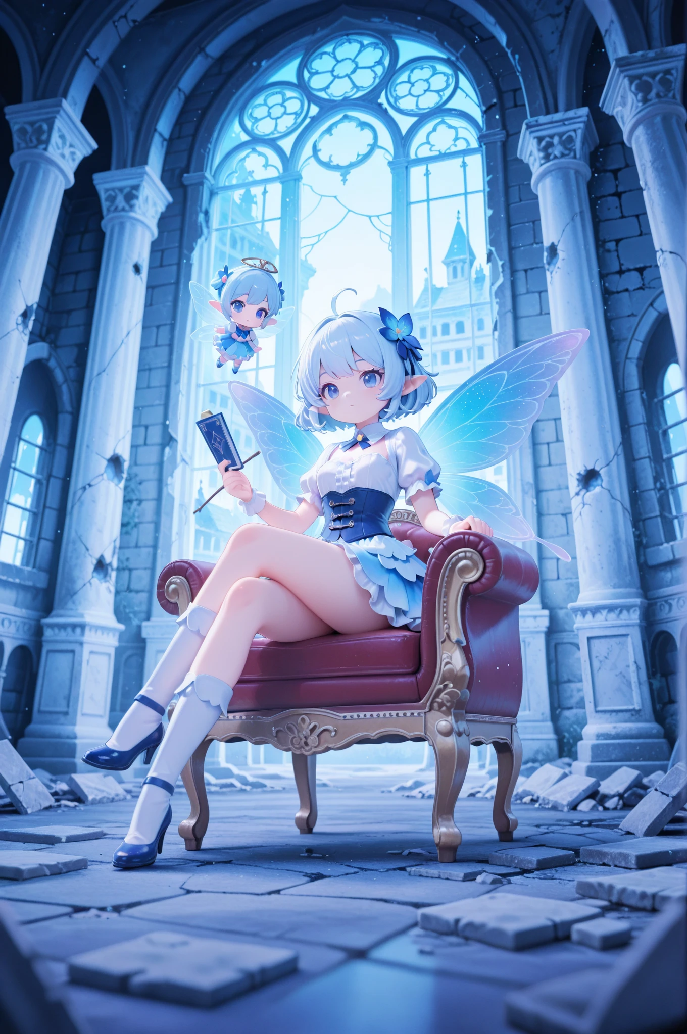 score_9, score_8_up, score_7_up, masterpiece, best quality, perfect facial features, highest resolution, 8k, amazing quality, detailed eyes, clear eyes, dynamic composition, dynamic pose, face clearly visible, Close-up of face, low angle, turn your side, view from the side, turn only your face, face close, 1girl, two people, 1chibi girl, repochi, light blue hair, short hair, fairy wings, fairy, fairy girl, (fairy girl), repochi's clothes, fairy clothes, fairy dress, aristocrat of the apocalypse, apocalypse, aristocrat, aristocrat's clothes, classic dress, medieval dress, corset, medieval hairstyle with hair in tangles, depressed face, expressionless, girl sitting in a tattered luxury chair, tattered classic dress, dilapidated aristocrat's mansion, dilapidated classical architecture, abandoned classical architecture, ruins, broken classical architecture, dim, negative atmosphere, (((clear contrast between light and dark, cool color image)))