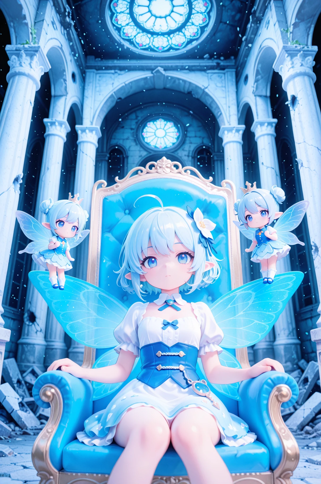 score_9, score_8_up, score_7_up, masterpiece, best quality, perfect facial features, highest resolution, 8k, amazing quality, detailed eyes, clear eyes, dynamic composition, dynamic pose, face clearly visible, Close-up of face, low angle, turn your side, view from the side, turn only your face, face close, 1girl, two people, 1chibi girl, repochi, light blue hair, short hair, fairy wings, fairy, fairy girl, (fairy girl), repochi's clothes, fairy clothes, fairy dress, aristocrat of the apocalypse, apocalypse, aristocrat, aristocrat's clothes, classic dress, medieval dress, corset, medieval hairstyle with hair in tangles, depressed face, expressionless, girl sitting in a tattered luxury chair, tattered classic dress, dilapidated aristocrat's mansion, dilapidated classical architecture, abandoned classical architecture, ruins, broken classical architecture, dim, negative atmosphere, (((clear contrast between light and dark, cool color image)))