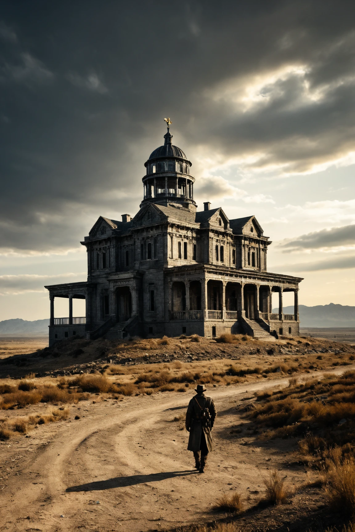 end of the world, epic realistic, ((((hdr)))), ((((muted colors)))), apocalypse, abandoned, neutral colors, night, screen space refractions, (intricate details), ((intricate details, hyperdetailed)), artstation, cinematic shot, vignette, complex background, [[teal and orange]], technicolor, flipped over building