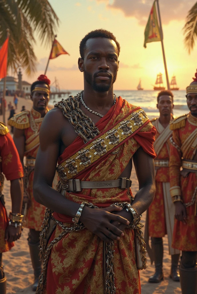 Hyperrealistic image of an elderly Senegalese man over 79 years old superhero king holy Christian martyr of the 2nd century AD imperial warrior with rays of light coming out of his bald body with a huge crown of gold and gems and a halo of light with rays on his super head heavy and very fat very handsome bodybuilder with huge, flabby very large pecs and very sweaty pointed  in a sky of very white clouds wearing only a leather and gold Roman skirt and a velvet cape over the shoulders with an ermine collar 