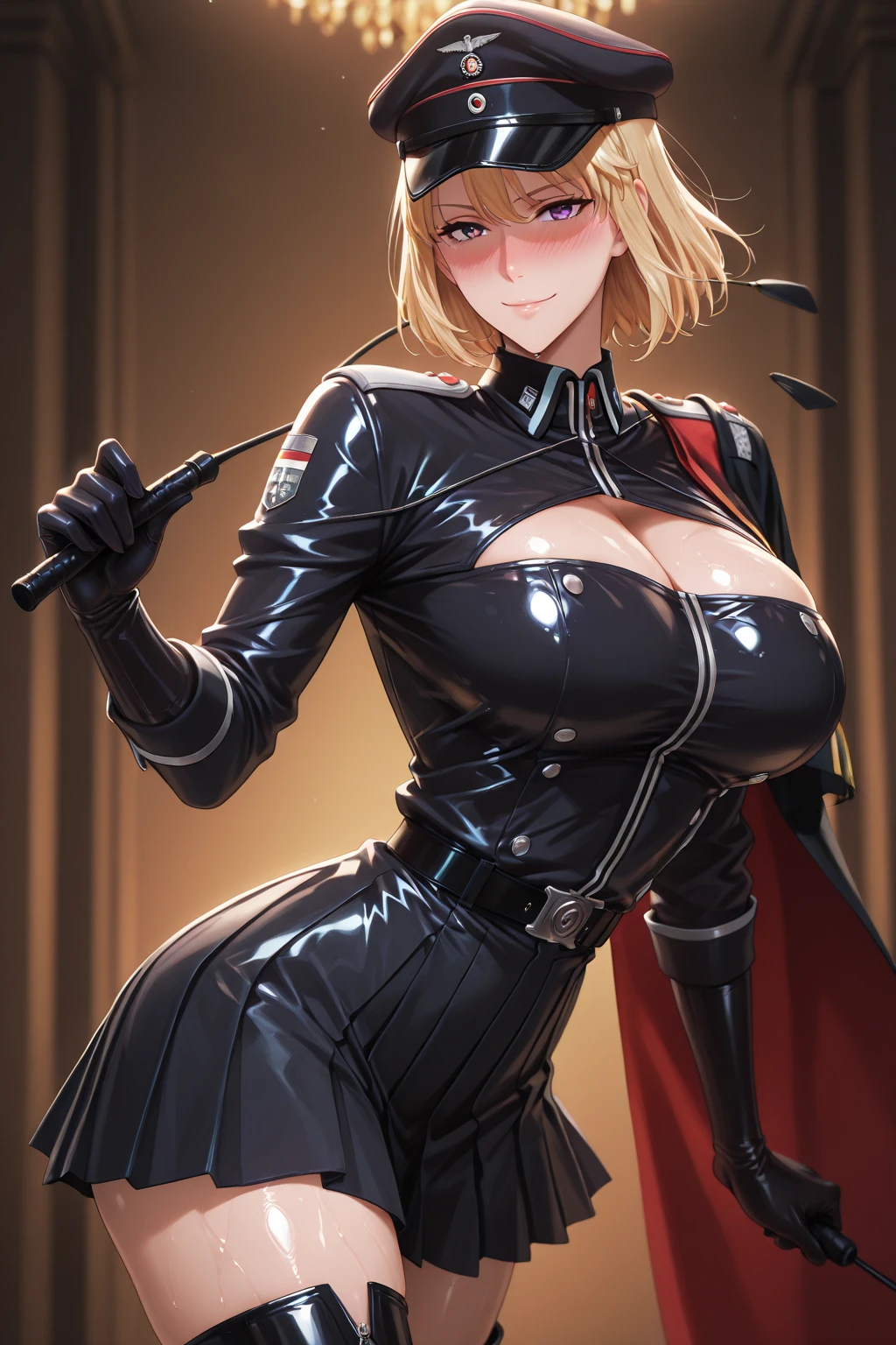 Best image quality, 4k, masterpiece, female, short hair, beautiful mature gentleness, light brown hair, light blue eyes, sharp eyes looking at the camera, face focus, delicate facial features, black uniform, white gloves hat, arms holding, artistic lighting, portraiture, face magnification, [elegant demeanor, dignified atmosphere and excellent posture that catches the eye + beautiful face + portrait painting effect]. pov hand, breast grab, big breast, female perfect face, full-body close-up, long twin drill hair, pink outfit, blonde, pettite female face, standing
