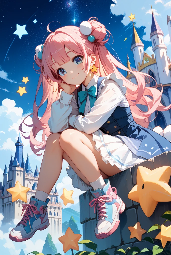 1girl, colorful Airbrush painting, best quality, award winning, landscape of a Boundless Ruthless ([Savanna:Castle:1]:1.3) in the distance there is a Mushroom Kingdom, warm dungeon and Shooting star in background, at Twilight, Illustration, Shameless, kinetic art, spotlight, Depth of field 270mm, Warm Colors, Pearlescent power aura, (deep pink and Vibrant:0.7) , Flickr, beautiful