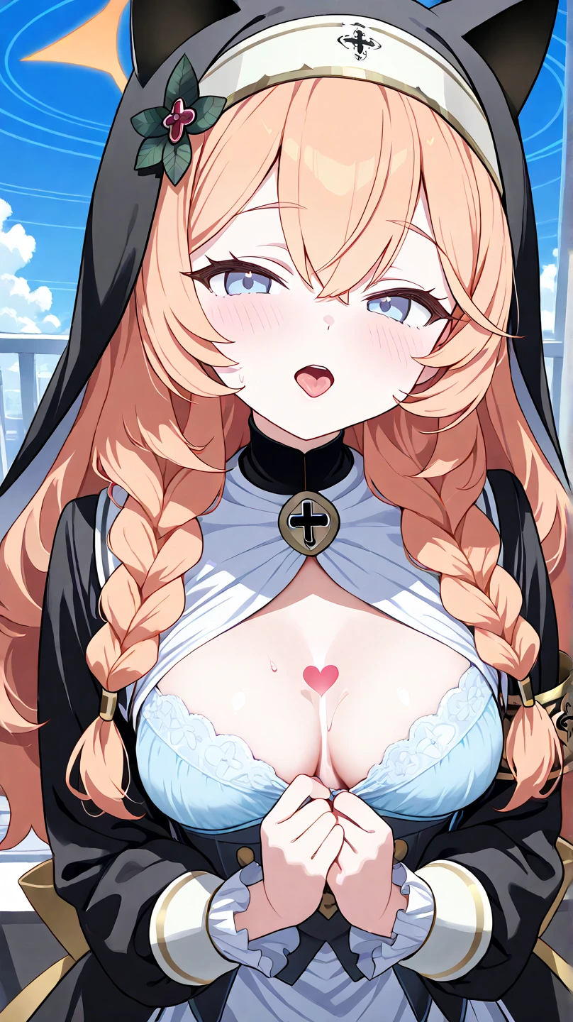 one woman,highest quality,masterpiece,shiny blonde hair, look down on, Upper body,hair,Fair skin,good,beautiful breasts,big breasts,from below,underboob,erect nipples,open your mouth wide,cute face,blue sky,stick out tongue,drool dripping from the mouth,nun,