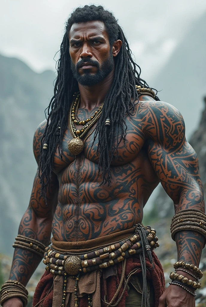 hair:%20Rylen%20has%20long,%20thick%20dreadlocks%20that%20cascade%20down%20to%20his%20shoulders.%20His%20locs%20are%20a%20deep%20black,%20with%20a%20few%20streaks%20of%20silver,%20showing%20the%20years%20of%20experience%20and%20battles%20he's%20endured.%20They%20are%20well-kept,%20and%20often%20tied%20back%20during%20combat%20to%20keep%20them%20out%20of%20his%20piercing%20eyes.%0A%0AEyes%3A%20His%20eyes%20are%20a%20striking%20shade%20of%20green,%20sharp%20and%20intense,%20always%20scanning%20the%20environment%20for%20threats.%20They%20have%20a%20certain%20coldness%20to%20them,%20the%20kind%20that%20comes%20from%20seeing%20too%20much,%20but%20they%20can%20soften%20when%20he's%20in%20moments%20of%20reflection%20or%20when%20speaking%20of%20his%20old%20life.%0A%0AFace%3A%20Rylen's%20face%20is%20rugged,%20with%20a%20chiseled%20jawline%20and%20high%20cheekbones.%20He%20sports%20a%20full%20beard,%20neatly%20trimmed%20but%20thick,%20giving%20him%20a%20commanding%20and%20mature%20presence.%20His%20skin%20is%20a%20rich,%20deep%20brown,%20weathered%20by%20years%20of%20exposure%20to%20the%20elements%20and%20countless%20battles.%0A%0ABody%3A%20Rylen%20has%20a%20tall,%20imposing%20frame,%20standing%20around%206'4%22%20with%20a%20muscular%20build%20that%20speaks%20to%20his%20life%20as%20a%20warrior.%20His%20physique%20is%20the%20result%20of%20years%20of%20rigorous%20training%20and%20survival,%20with%20defined%20muscles%20that%20showcase%20his%20strength%20and%20agility.%0A%0ATattoos%3A%20Rylen's%20full-sleeve%20tattoo%20is%20a%20masterpiece%20of%20intricate%20designs,%20starting%20from%20his%20left%20wrist%20and%20winding%20up%20his%20arm,%20across%20his%20shoulder,%20and%20connecting%20to%20a%20larger%20piece%20on%20his%20chest.%20The%20tattoos%20depict%20a%20blend%20of%20tribal%20patterns,%20symbols%20of%20his%20past%20life,%20and%20elements%20from%20his%20favorite%20video%20games,%20anime,%20and%20movies.%20The%20artwork%20tells%20the%20story%20of%20his%20life,%20with%20scenes%