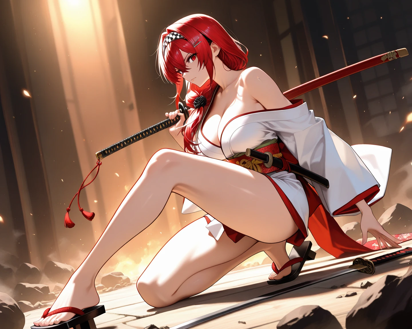 ((depic young girll)), (((top-quality, masterpiece))), 4k, HD, one girl, long hair, ((red hair)), straight hair, ((poney tail)), nice hips, Masterpiece, Excellent, complex details, delicate girl, delicate face, sassy, confident, white ribbons, brown eyes, clavicle, (((cute  white lace lingerie))), (((sofisticate red lace lingerie))) bare arms, bandage on arms, flat belly, (red kimono), (((kneeling))), sexy pose, ((katana sword on the ground)), Japanese garden, atmosphere of feudal Japan