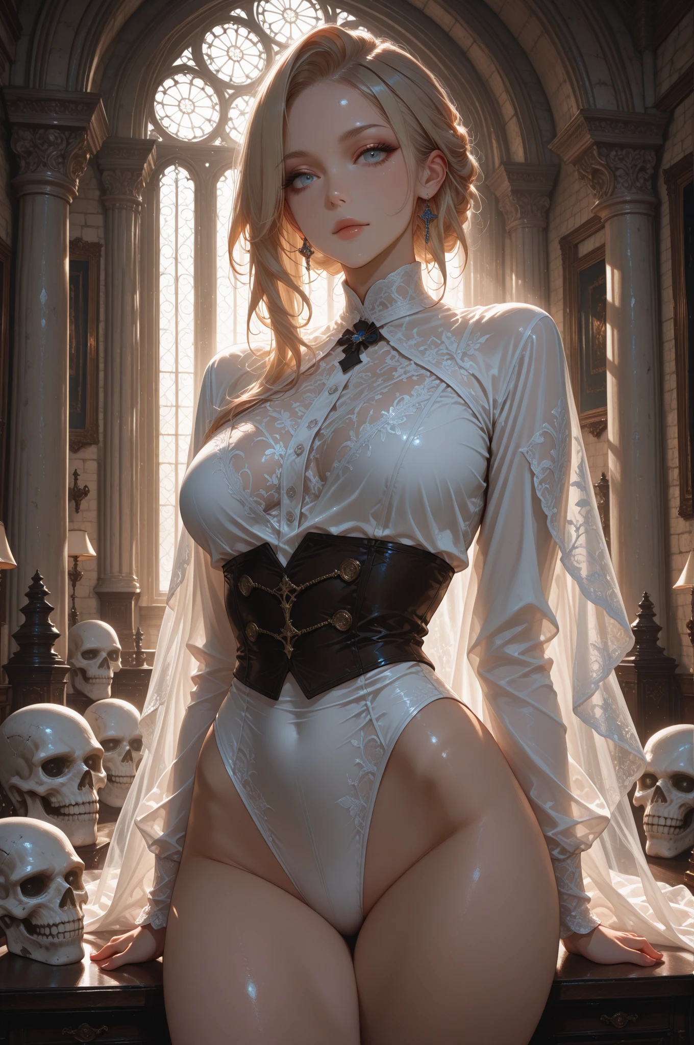(skindentation:1.5), realistic, photorealistic, (masterpiece:1.5), concept art, intricate details, highly detailed, octane render, 8k, unreal engine, dynamic pose, best quality, highres, ((dramatic)), epic, depth of field, 8k, particles, (realistic face:1.1, hyperrealistic:1.1), ((1vampiregirl, close-up, accentuated super huge enormously gigantic breasts, cleavage showing, perfect eyes, detailed eyes, high quality eyes, perfect face, high quality face, shiny pale skin:1.2, shiny face:1.2, embarrassed, blushing:0.8, red eyes)), server, dark gothic horror rustic tavern interior in background, pitcher, sign, jovial fantasy atmosphere, detailed background, blurry wooden bar table as foreground, (((very long platinum white hair, perfect hands))), ((extremely intricate cloak, leather corset armor, leather belt, boots, padded cloth, gloves with lots of straps buckles and zippers)), Full body portrait 