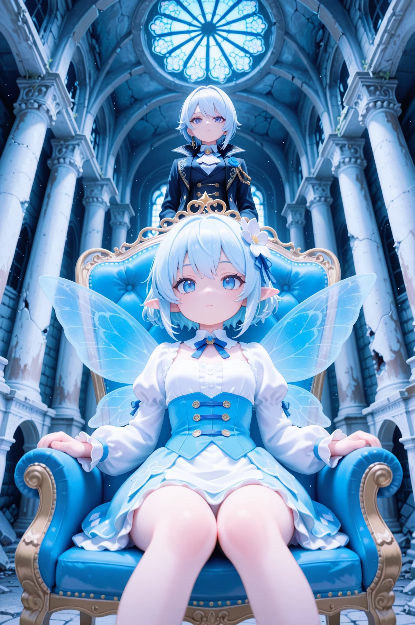 score_9, score_8_up, score_7_up, masterpiece, best quality, perfect facial features, highest resolution, 8k, amazing quality, detailed eyes, clear eyes, dynamic composition, dynamic pose, face clearly visible, Close-up of face, low angle, turn your side, view from the side, turn only your face, face close, 1girl, two people, 1chibi girl, repochi, light blue hair, short hair, fairy wings, fairy, fairy girl, (fairy girl), repochi's clothes, fairy clothes, fairy dress, aristocrat of the apocalypse, apocalypse, aristocrat, aristocrat's clothes, classic dress, medieval dress, corset, medieval hairstyle with hair in tangles, depressed face, expressionless, girl sitting in a tattered luxury chair, tattered classic dress, dilapidated aristocrat's mansion, dilapidated classical architecture, abandoned classical architecture, ruins, broken classical architecture, dim, negative atmosphere, (((clear contrast between light and dark, cool color image)))