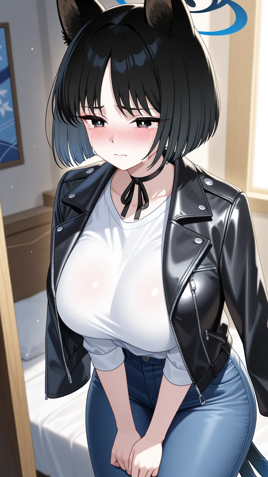 ((huge udder))、((thin-waist))、Tomboy、((long))、((A dark-haired))、((poneyTail))、((tall))、de pele branca、((Black leather jacket))、((White tank top))、((Bullish smile))、abdominals、((Leather pants))、((Confident))