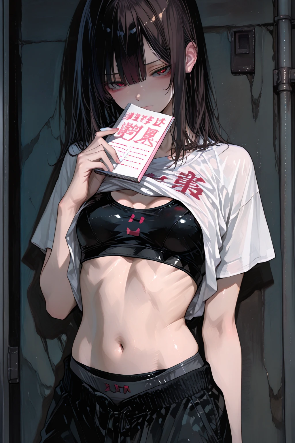 Girl in Laboratory, (((((Turtle-neck shirt), (lab coat), showing navel)))), belt, Exposing the abdomen below the navel, well-dressed, glasses, blue jean, laboratory, ((arms behind back, restrained, shibari, rope bondage:1.5)),