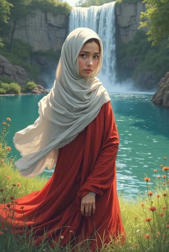 A girl with hijab standing in front of river name "Kainat"
