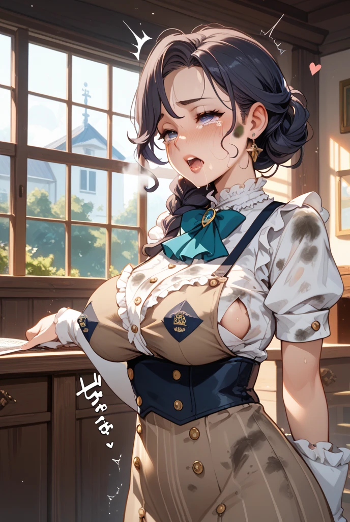 Female 26 years old，housewife，Sunlight，Smile，put on lipstick，Light brown curly short hair，A ponytail on the left，Aqua blue suspender skirt，Slightly plump，huge firm breasts，market shopping，Wearing a watch on the right hand，half moon earrings，Lace