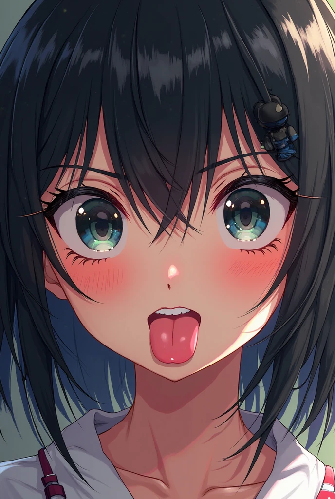 looking at viewer,looking up,from above,upper body,1girl,lick,finger to mouth,Beautiful 14 year old girl,Japanese,Slender,,low length,Small breasts,Baby Face,Small face,Black Hair,Short Twin Tails,Gray Eyes,slit pupils,Drooping eyes,middle School girls,Sheer black and pink negligee,lingerie,open mouth,tongue out,front face,Straight Stand,Beautiful and detailed anime art,Mischievous smile,Sexy vibe,cum on tongue,Dimly lit room,Simple Background,Gray background,White floor,Low lighting
