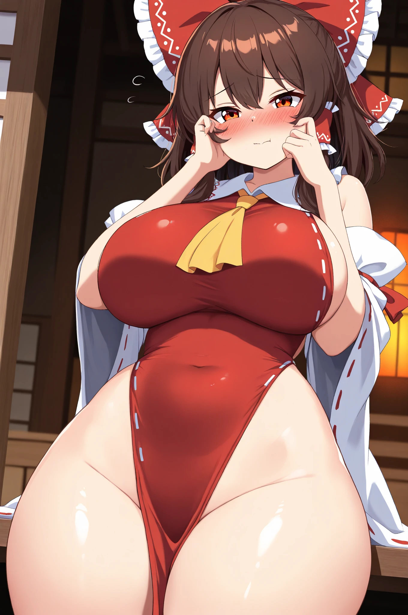Raphtalia, 25 year old woman, orange hair, orange hair, rounded bear ears, ruby red eyes, happy smile, big breasts, cosplay de mai shiranui, ropa de mai shiranui. fondo una pueblo ninja.