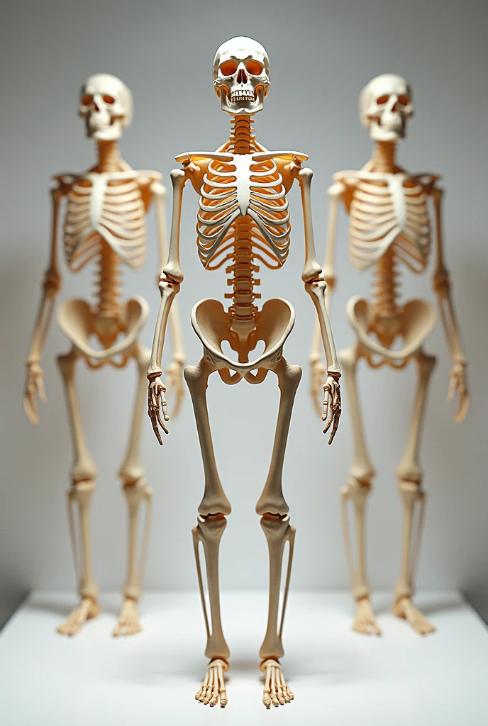 Three skeletons,simple background,seeing viewer,woman,perfect skeleton.perfect skeleton face,heart organ,